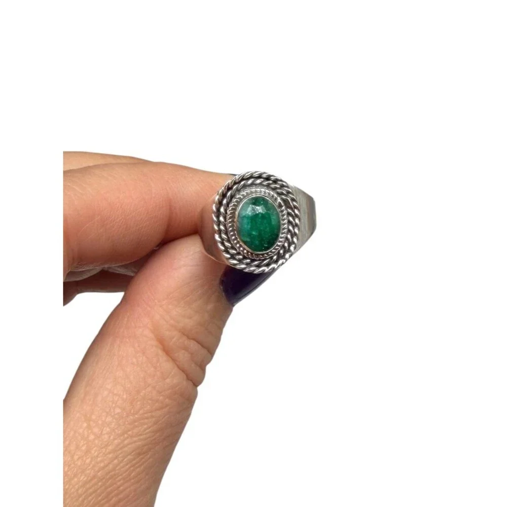 Emerald Ring Size 7.5 Solid 925 Sterling Silver Faceted Oval Natural Stone